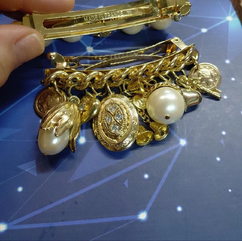 Made In France Gold Pearl Charm Barrette Set - Elegant Women’s Hair Clips